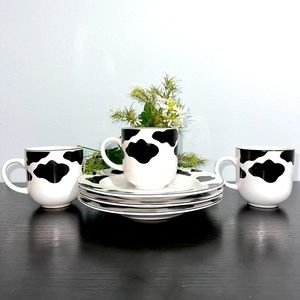 Vintage Six Piece Cottagecore Cow Mug and Plate Set